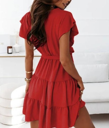 Women Summer New Solid Color And V-neck Pullover Strap Waist Trimming Short-sleeved Stitching Big Swing Dress